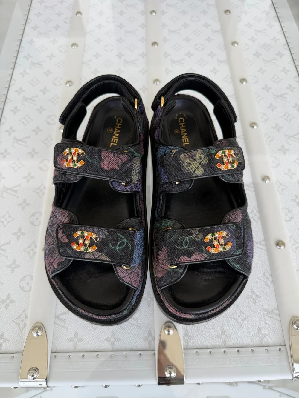 CHANEL 🖤 Interlocking CC Multicolor Denim Dad Sandals Sz 36